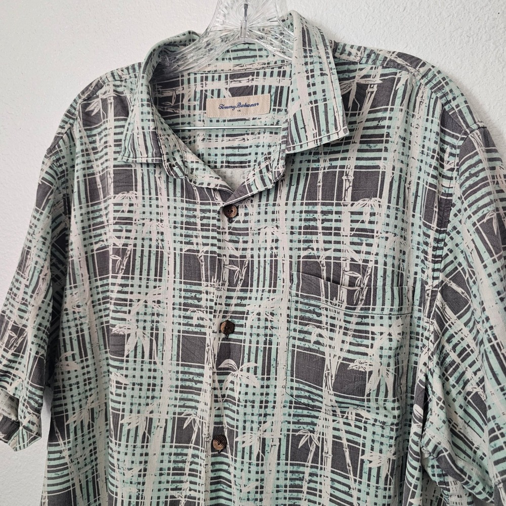 Tommy Bahama Mens XL 100% Silk Bamboo Grid Print Short Sleeve Camp Shirt